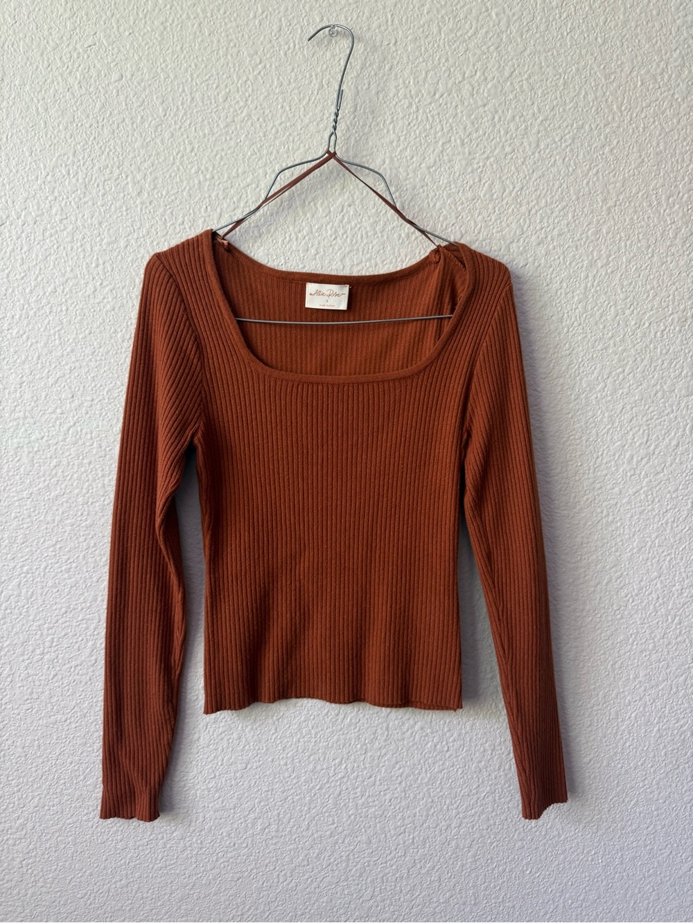 Square Neck Ribbed Long Sleeve Top - Rust